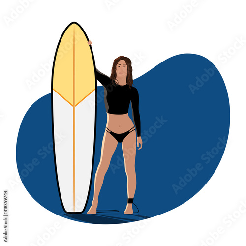 A girl in a black surf suit with a surfboard on the background of a classic blue spot with an empty space for your lettering. Stock vector flat illustration isolated on white background