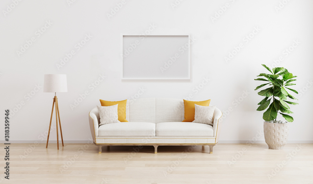 Horizontal picture frame in bright modern living room with white sofa ...