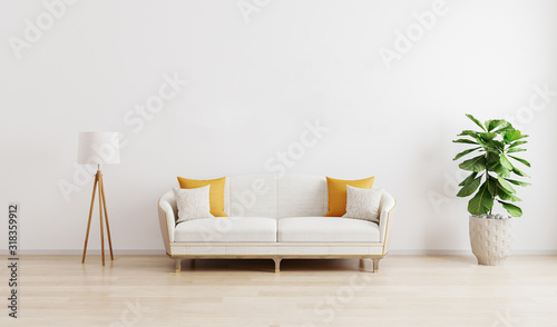 Bright modern living room with white sofa, floor lamp and green plant on wooden laminate. Scandinavian style, cozy interior background. Bright stylish room mockup. 3d render