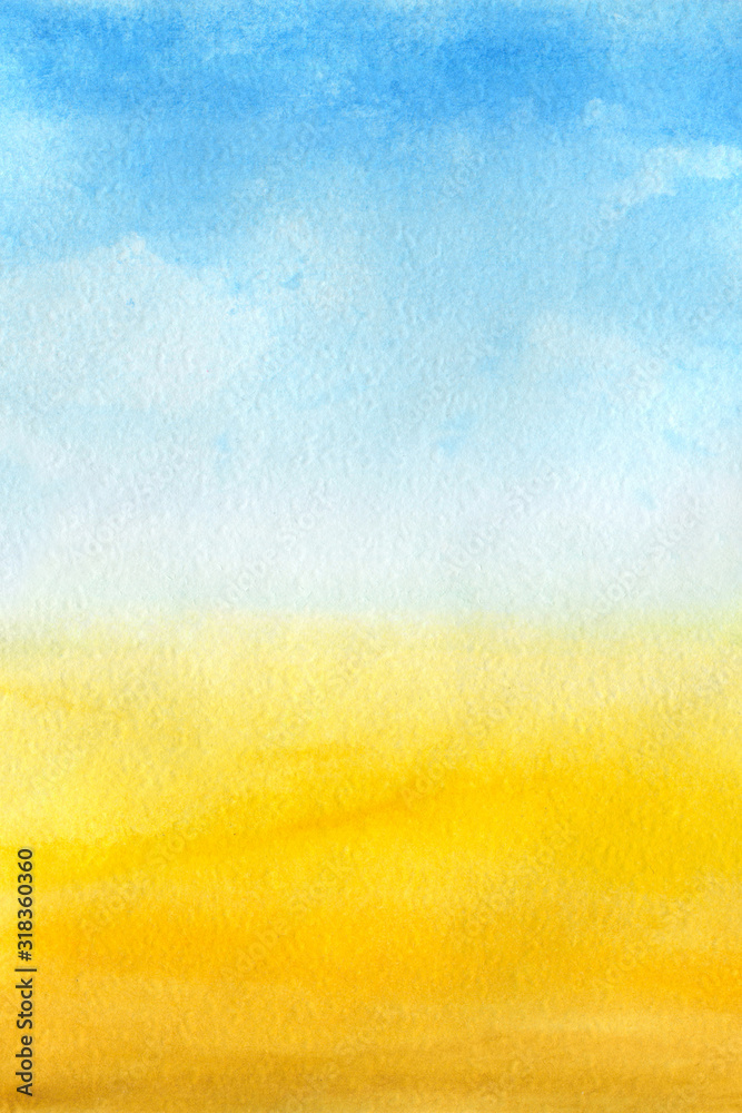 The watercolor background is blue and yellow. Sky with clouds and golden sand