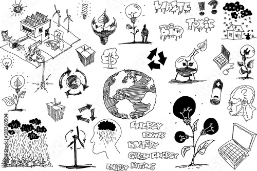 many hand drawn sketches of topics regarding nature and environment and ecology and energy and planet earth and weather