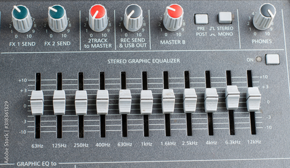 Sound music mixer control panel.Buttons on mixer Sound music mixer control panel.Buttons on mixer