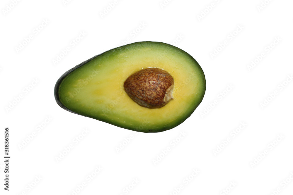 Half avocado with seed isolated on the white background.