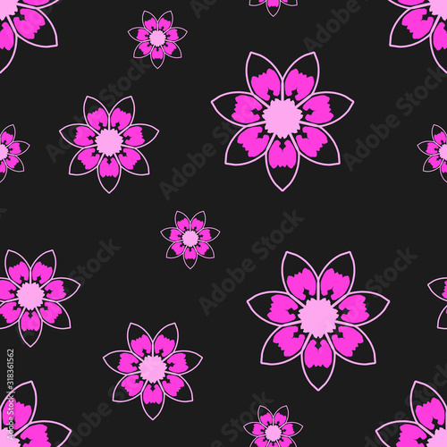 Seamless repeat pattern with pink flowers in  on black background. drawn fabric, gift wrap, wall art design, wrapping paper, background, fabric print, web page backdrop.