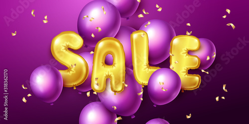 Sale background with yellow and purple floating balloons. Vector illustration.
