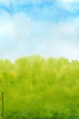 watercolor background is green and blue gradient. Sky with clouds and Green meadow with grass
