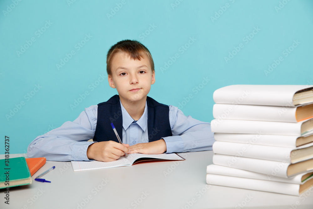 Education a school concept. Boy sitting at the table and studying isolated Education a school concept. Boy sitting at the table and studying isolated