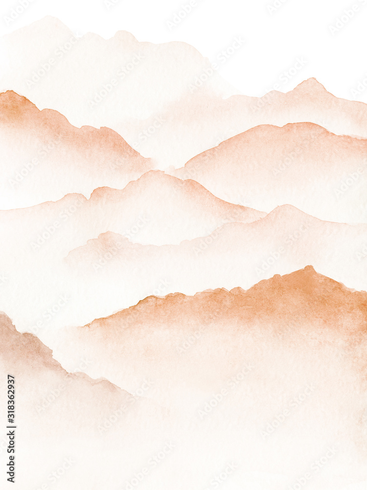 Hand drawn watercolor painting of blue foggy mountains - obrazy, fototapety, plakaty 