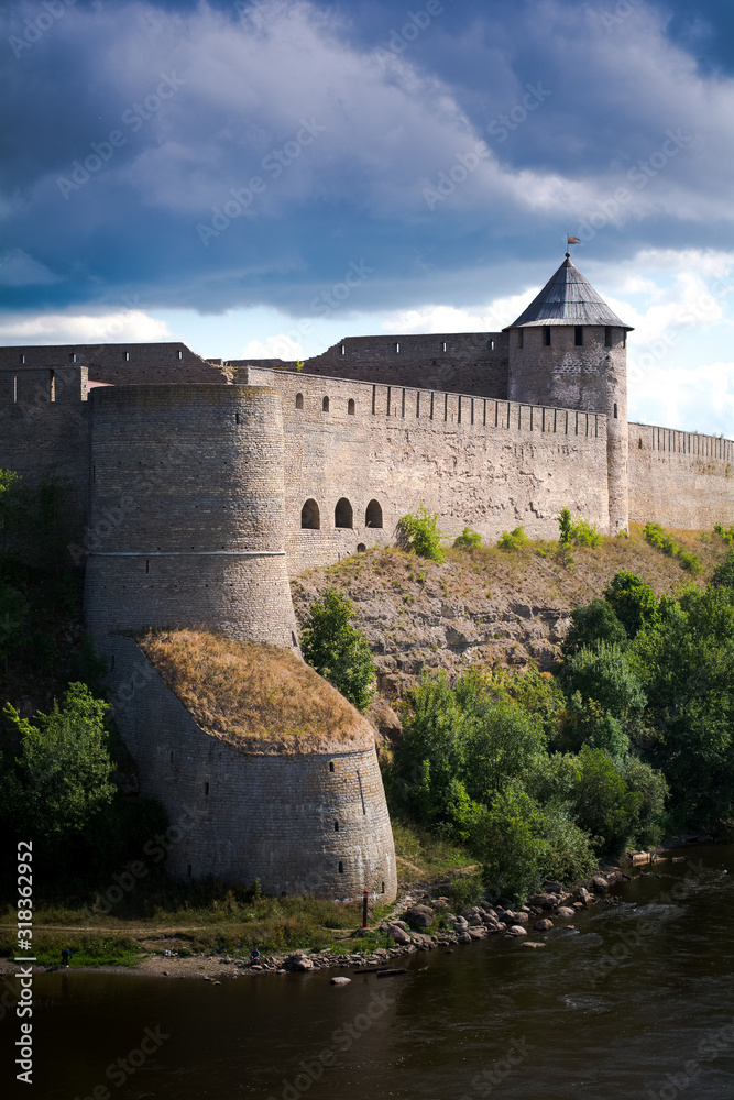 Ivangorod fortress castle situated in Narva northen Estonia by the border of Russia, constructed from stone by German Livonian knights order, surrounded by Narva river