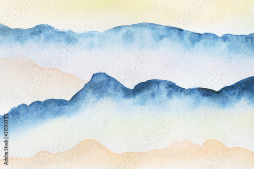 Hand drawn watercolor painting of blue foggy mountains © vika33