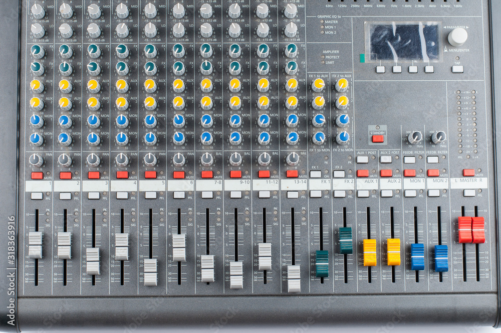 Sound music mixer control panel.Buttons on mixer Sound music mixer control panel.Buttons on mixer