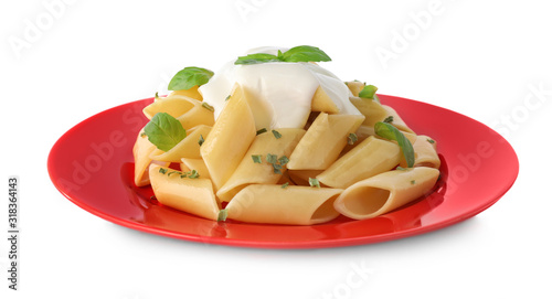 Tasty pasta with sauce and basil isolated on white