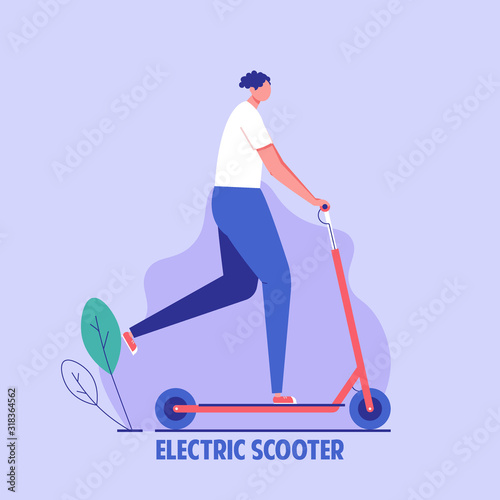 Active man riding electric scooter. Kick scooter rental in city. Concept of eco or environment friendly transport, active and urban lifestyle, alternative transportation. Vector illustration