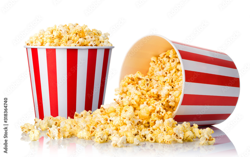 Set of bucket with popcorn isolated on black background