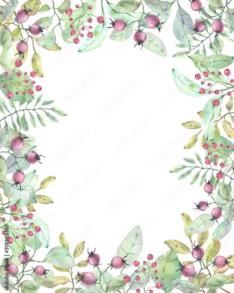 Delicate floral frame with watercolor berries, leaves, twigs for decoration of cards, printing, linen, fabrics, souvenirs and any design