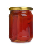 Glass jar with pickled bell peppers isolated on white