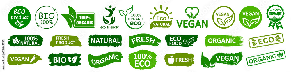 Plakat Organicznie naturalne życiorys etykietki ustawiają ikonę, zdrowej żywności odznaki, świeżego eco jarski jedzenie - akcyjny wektor
