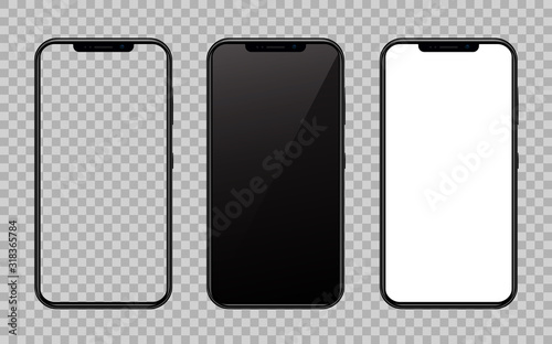 Set smartphone. Phone black with transparent, black and white screen - stock vector