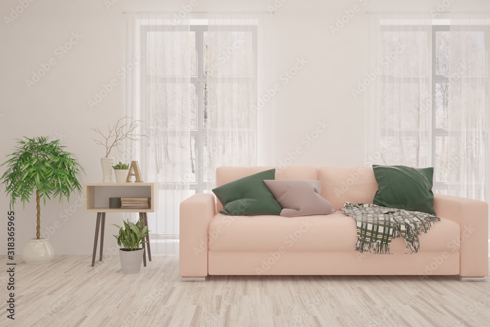Obraz premium Stylish room in white color with sofa. Scandinavian interior design. 3D illustration
