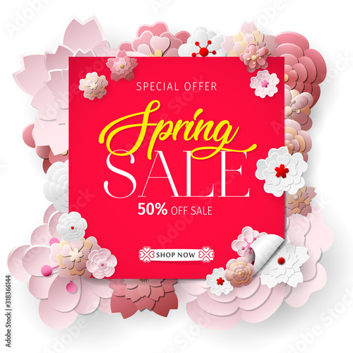 Spring sale background with beautiful colorful flower. Vector illustration. Wallpaper. flyers, posters, brochure, voucher discount. Spring sale banner with paper flowers for online shopping.