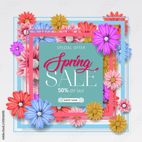 Spring sale background with beautiful colorful flower. Vector illustration. Wallpaper. flyers, posters, brochure, voucher discount. Spring sale banner with paper flowers for online shopping.