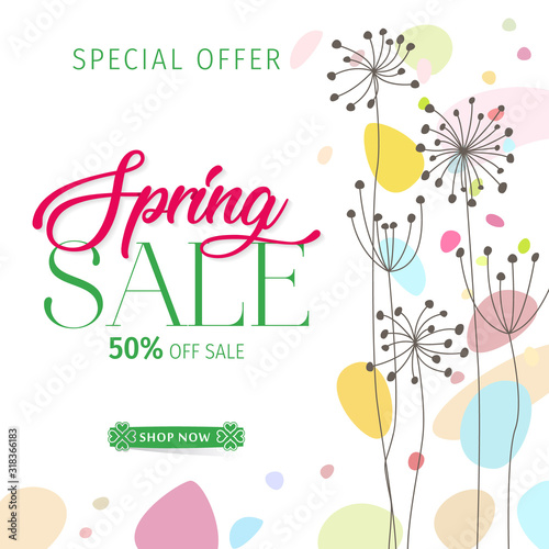 Spring sale background with beautiful colorful flower. Vector illustration. Wallpaper. flyers, posters, brochure, voucher discount. Spring sale banner with paper flowers for online shopping.