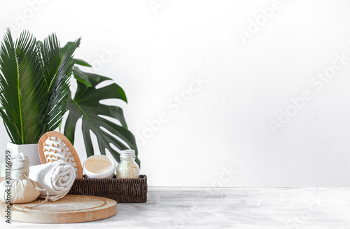 Spa composition with care items on a light background