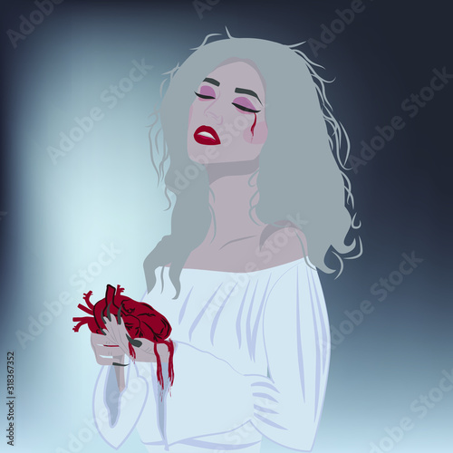 blonde vampire girl with bleeding heart gothic vector illustration