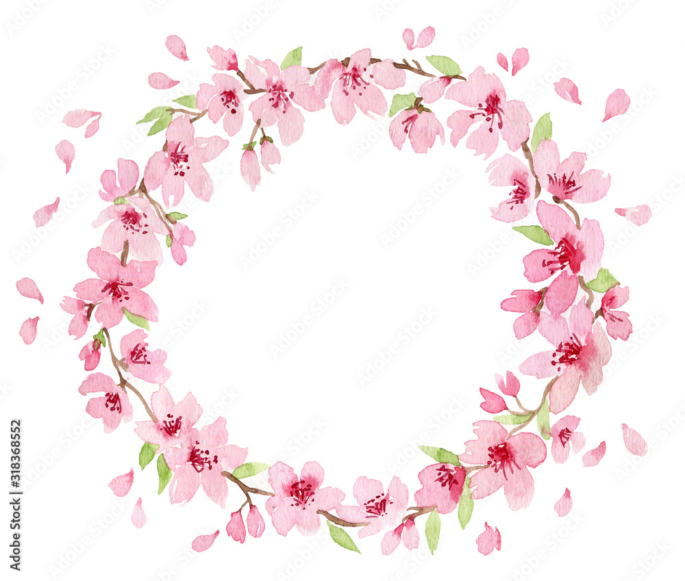 Watercolor wreath with branch of delicate pink blooming flowers, bud and leaves isolated on white background. branch of cherry blossoms. Botanical illustration perfect for design greetings, prints,