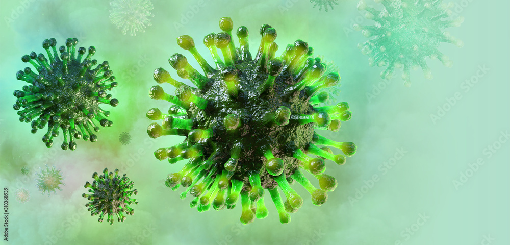 Coronavirus 2019-ncov flu infection 3D medical illustration. Microscopic view of floating China pathogen respiratory influenza virus cells. Dangerous asian ncov corona virus, pandemic risk background - obrazy, fototapety, plakaty 