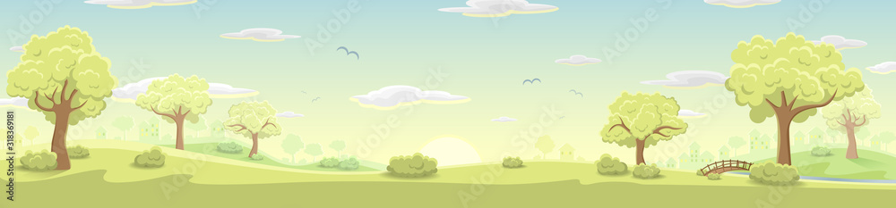 Colorful morning countryside harvest landscape vector banner background