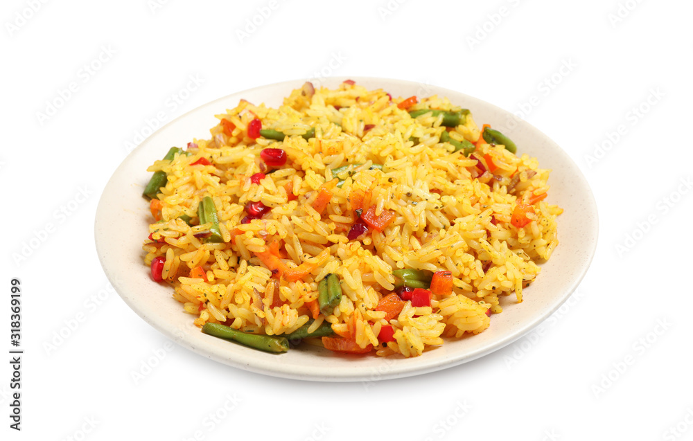 Tasty rice pilaf with vegetables isolated on white Tasty rice pilaf with vegetables isolated on white
