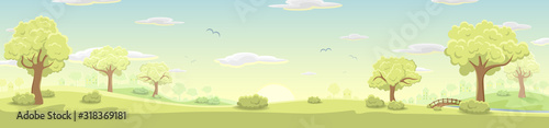 Colorful morning countryside harvest landscape vector banner background