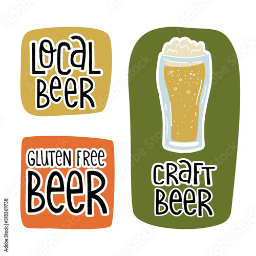Fun hand drawn stickers, labels, banner design with lettering text Gluten free, craft, local beer. Flat vector illustration on isolated background in trendy colors.