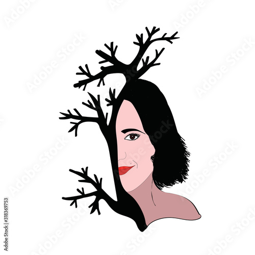 Woman's face and tree branch. Stylized portrait.