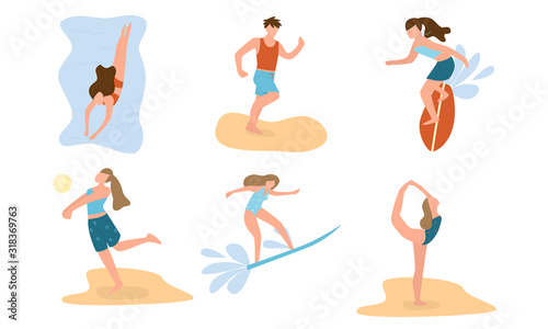 Boys and girls doing summer and water activities vector illustration