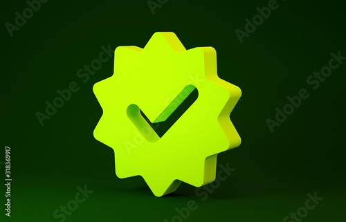 Yellow Approved or certified medal with ribbons and check mark icon isolated on green background. Minimalism concept. 3d illustration 3D render