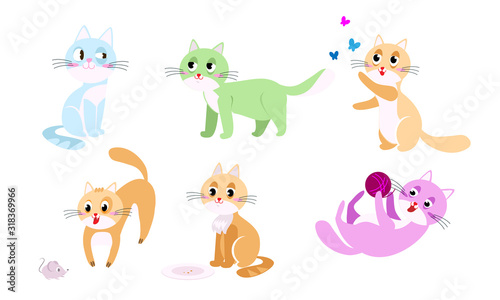 Funny colorful cats doing everyday things and playing vector illustration