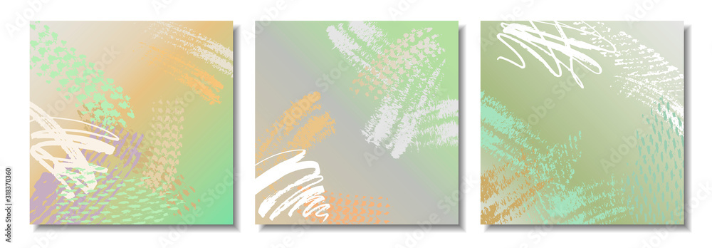 Set of pastel light abstract square backgrounds with colored paint smears. Vector illustration.