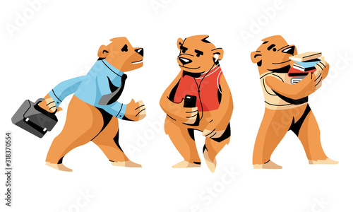 Modern brown bears in everyday human life vector illustration