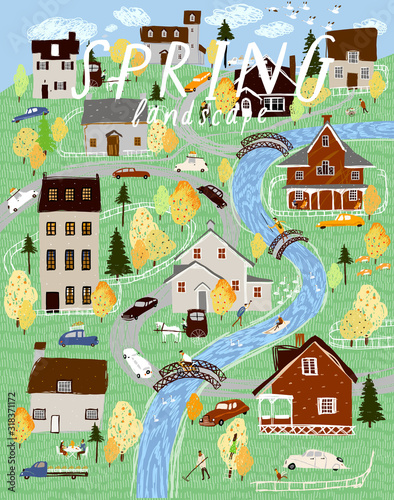 Spring landscape and nature. Vector cute panorama illustration of a village, houses, trees, cars and people. Drawing for background, card or poster.