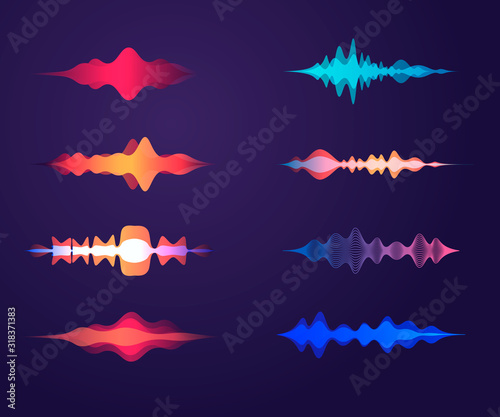 Sound waves set in different colors, amplitude wave objects. Collection of colorful voice waves