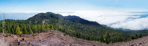 Panoramatic view of volcanic landscape with lush green pine trees, colorful volcanoes and white clouds at path Ruta de los Volcanes, hiking trail. La Palma, Canary Islands, Spain, Blue sky background