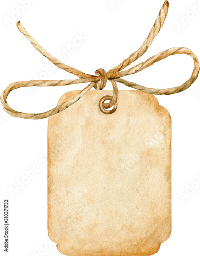 Watercolor brown paper tag tied up with a rope bow isolated on white background.