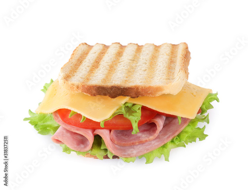 Tasty sandwich with ham isolated on white