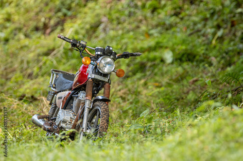 A motorcycle standing on grass by the road in Central America. Very typical means of transport in this part of world. The roads are not paved in most places so the motorcycle is the best way to ride.