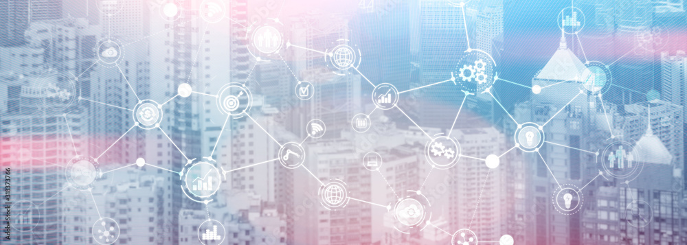 Fototapeta premium Business organizational structure innovation automation technology panoramic website header background.