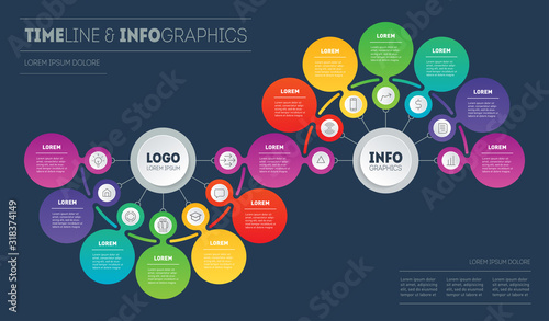 Presentation or infographics with 13 steps. Template of Info graphic for technological or education process with Thirteen options. Development of business. Looks like a DNA molecule.