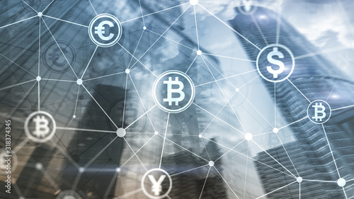 Double exposure Bitcoin and blockchain concept. Digital economy and currency trading.