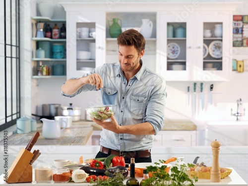 Casual man preparing salad photo